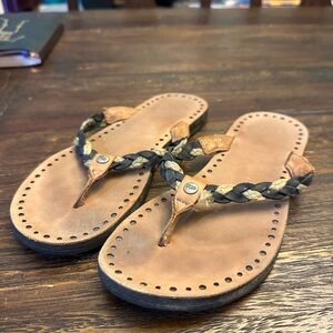 UGG tan and black leather and jute flip flops